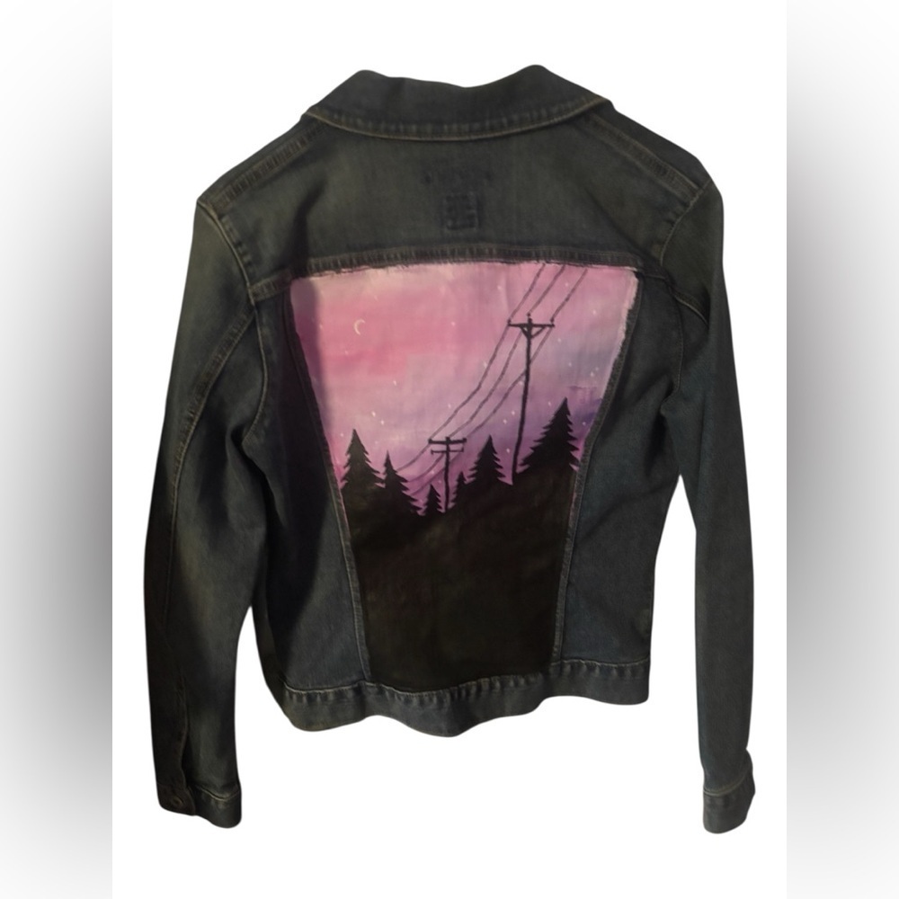 GAP Factory Stretchy Blue Denim Jean Jacket with Custom Painted Artwork on Back